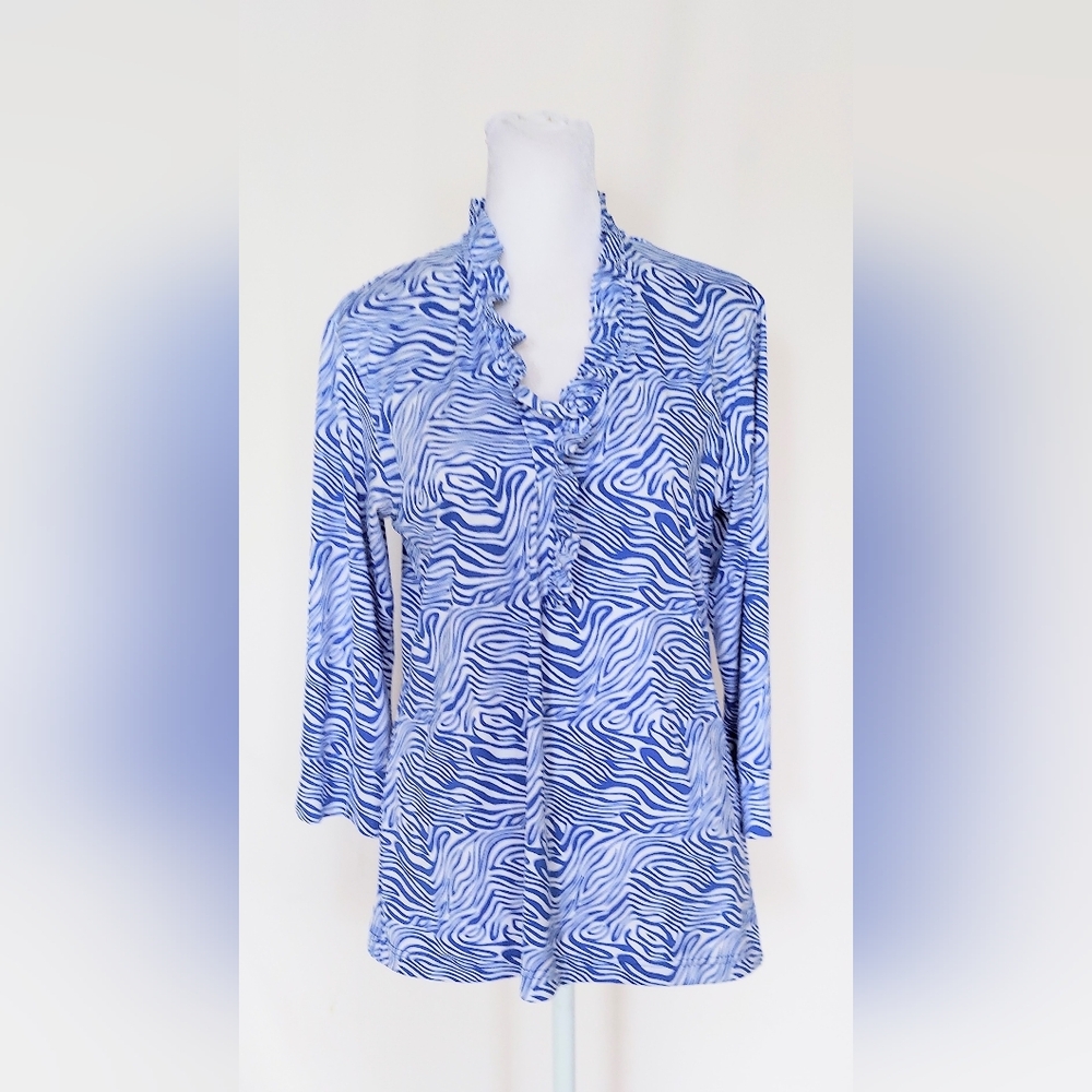 Sport Haley Long Sleeve Ruffle Collar Top Blue White Animal Print Size Medium